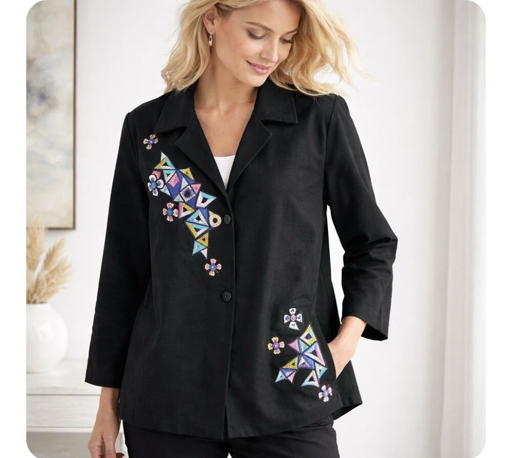 Vintage Bob Mackie Sz XL Black Wearable Art Sequined 3D Full Zip 3/4 Slv Jacket